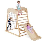 Climbing Frame for Toddlers, 6 in 1 Wooden Indoor Climbing Pikler Triangle Set with with Double Sided Ramp, Monkey Bars Climbing Net, Baby Montessori Playground Jungle Gym Climber Toys (Natural)