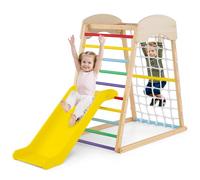 Climbing Frame for Toddlers, 6 in 1 Wooden Indoor Climbing Pikler Triangle Set with with Double Sided Ramp, Monkey Bars Climbing Net, Baby Montessori Playground Jungle Gym Climber Toys (Colorful)