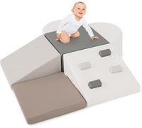 Climbing Toys for Toddlers, 6 Pieces Baby Foam Blocks Soft Play Set with PU Leather, Indoor Kids Climb and Crawl Sliding Activity Structure Gym Playground Climber (Gray)