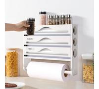 Cling Film and Foil Dispenser and Cutter Wall Mounted Cling Film Wrap Dispenser Organizer with Roll Holder and Labels, Kitchen Organizer & Holder Compatible with 12'' Roll