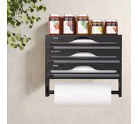Cling Film and Foil Dispenser and Cutter Wall Mounted Cling Film Wrap Dispenser Organizer with Roll Holder and Labels, Kitchen Organizer & Holder Compatible with 12'' Roll