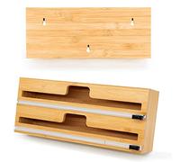 Cling Film Dispenser and Cutter Compatible with 15 Inch Rolls, Parchment Paper Tin Foil Dispenser, Kitchen Wrap Organiser Made of Bamboo Material, Sturdy and Durable