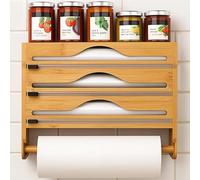 Cling Film Dispenser and Cutter with Kitchen Roll Holder, Foil Dispenser Organizer With Paper Holder Wall-Mount Bamboo Foil & Cling Film Dispenser Compatible with 12'' Rolls or Lower Rolls