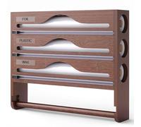 Cling Film Dispenser & Cutter, 5 In 1 Foil Dispenser Organizer With Paper Holder, Wall-Mount Bamboo Foil & Cling Film Dispenser For 12'' Roll (Brown)