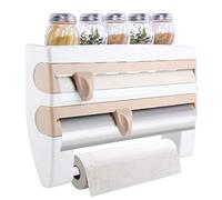 Cling Film Dispenser Kitchen Foil Dispenser, Foil and Cling Film Dispenser Wall Mounted Kitchen Roll Holder Kitchen Cling Film Rack Film Storage Rack Cling Film Cutter for Paper Towels to 28cm, Khaki