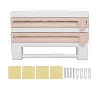 Cling Film Holder Wall Mount, Multifunctional Cling Film Cutter with Built - in Blade, Aluminum Foil and Plastic Wrap Dispenser with Side Button for Kitchen Storage (Khaki)