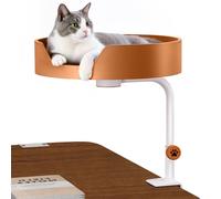 Clioran Cat Desk Bed Large Perch Nest with Teaser Easy Install,Space Saving Mount Design,Sturdy Frame,Removable Cushion,Clamp Desktop Attachment Hammock for Home Office,Side Table(White and Coffee)