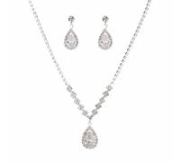 Cliory Bride Wedding Necklace Earrings Set Silver Teardrop Necklace Bridal Crystal Necklace Fashion Bride Necklace and Earrings Set Wedding Jewelry Set for Brides and Women