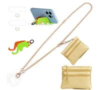 Clip and Go Strap for Phone Gold Metal Chain with Gold Purse Wallet Crossbody Phone Lanyard for Women with Cell Phone Stand Holder 2 Patches Tether Adjustable Anti Theft for iPhone 16 15 14 All Phones