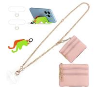 Clip and Go Strap for Phone Gold Metal Chain with Pink Purse Wallet Crossbody Phone Lanyard for Women with Cell Phone Stand Holder 2 Patches Tether Adjustable Anti Theft for iPhone 16 15 14 All Phones