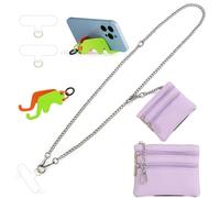 Clip and Go Strap for Phone Silver Metal Chain with Purple Pouch Wallet Crossbody Phone Lanyard for Women with Cell Phone Stand Holder 2 Patches Tether Adjustable Anti Theft for iPhone 16 Pro 15 All