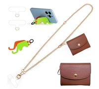 Clip and Go Strap for Phone with Wallet Metal Gold Chain Crossbody Phone Lanyard for Women Adjustable Detachable Wristlet Charm Small Purse Leather Card Holder Zipper with iPhone Stand 2 Patches Brown