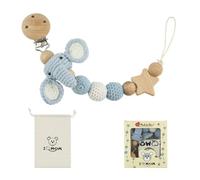 Clip for Close-at-Hand Soothing Item, Elephant | Clip-and-Loop Holder, Beech Wood Components, Star Accent and Crocheted Beads, Drawstring Storage Pouch