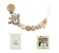 Clip for Close-at-Hand Soothing Item, Elk | Clip-and-Loop Holder, Beech Wood Components, Star Accent and Crocheted Beads, Drawstring Storage Pouch