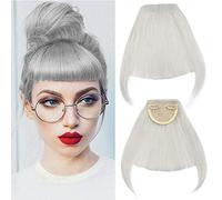 Clip in Bangs Fringe Hair Extensions Thick Full Neat Front Bangs Extension Hair 2 Clips on Bangs Hairpieces Accessories Silver Gray