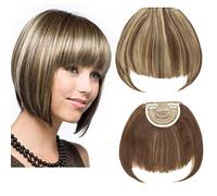Clip in Bangs Fringe Hair Extensions Thick Full Neat Front Bangs Extension Ombre mix Hair 2 Clips on Bangs Hairpieces Accessories Golden Brown mix Baby Blonde