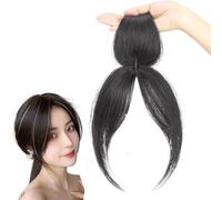 Clip in Bangs Side Parted Hair Toppers for Real Human Hair 360° Cover Pieces Wispy Fake Fringe Snap-On Add-Ons for Women Daily Wear, Natural Black