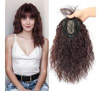 Clip-In Curly Hair Topper with Bangs 13x13cm Synthetic Glueless Center Part Hairpiece 40cm Head Top Replacement Fringe Extension (Normal Dark Brown)