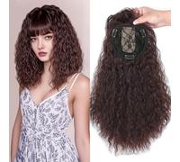 Clip-In Curly Hair Topper with Bangs 13x13cm Synthetic Glueless Center Part Hairpiece 40cm Head Top Replacement Fringe Extension (Dense Dark Brown)