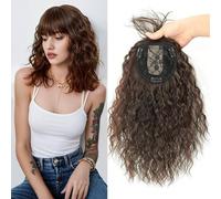 Clip-In Curly Hair Topper with Bangs 13x13cm Synthetic Glueless Center Part Hairpiece 40cm Head Top Replacement Fringe Extension (Normal Light Brown)