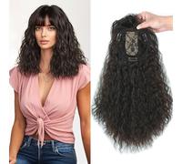 Clip-In Curly Hair Topper with Bangs 13x13cm Synthetic Glueless Center Part Hairpiece 40cm Head Top Replacement Fringe Extension (Dense Off Black)