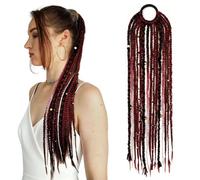 Clip In Dreadlocks Hair Extensions, Hand-prebraided Dread Ponytail With Lock Beads, Elastic Band For Quick Styling, Gradient Burgundy