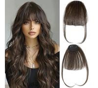 Clip In Fringe Bangs 100% Human Hair with Temple Hair, Undetectable Natural Looking Wispy Curved Clip-In Fringe for Women (Dark Brown)