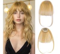 Clip In Fringe Bangs 100% Human Hair with Temple Hair, Undetectable Natural Looking Wispy Curved Clip-In Fringe for Women (Gold)