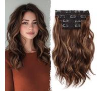 Clip In Hair Extension - 14 Inch Wavy Natural Synthetic Hair Extensions Clip In (Color: Chestnut Brown with Light Brown Highlights)