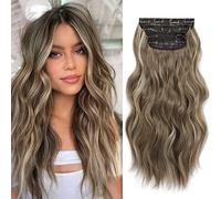 Clip in Hair Extensions 4PCS Thick Full Head Ash Brown with Highlights 20Inch Hair Extensions Clip in Curly Wavy Synthetic Hair Extension Hairpieces