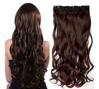 Clip In Hair Extensions Curly 3/4 Full Head One Piece 5 Clips Hairpieces Wavy Synthetic For Women - Dark Auburn(17" Inch/43CM,Weight:120g)
