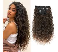Clip in Hair Extensions, FLUFYMOOZ 4PC 100% Pure Protein Silk Hair Extensions Long Soft Natural Hairpiece 16 Inch Curly Hairpiece for Women (Dark Almond brown with copper)