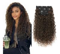 Clip in Hair Extensions, FLUFYMOOZ 4PC 100％ Pure Protein Silk Hair Extensions Long Soft Natural Hairpiece 16 Inch Curly Hairpiece for Women (Dark Almond brown with copper)