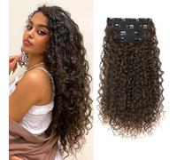 Clip in Hair Extensions, FLUFYMOOZ 4PC 100％ Pure Protein Silk Hair Extensions Long Soft Natural Hairpiece 20 Inch Curly Hair Extension for Women (Dark Almond brown with copper)