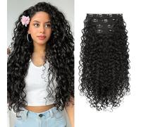 Clip in Hair Extensions, FLUFYMOOZ 4PC 100％ Pure Protein Silk Hair Extensions Long Soft Natural Hairpiece 20 Inch Curly Hair Extension for Women (Black Brown)