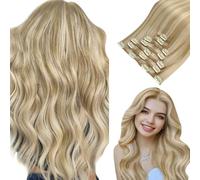 Clip in Hair Extensions, hotbanana Dirty Blonde Mixed Bleach Blonde Clip in Hair Extensions Real Human Hair Straight Remy Hair Clip in Hair Extensions 14 inch 120g 7pcs