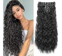 Clip In Hair Extensions,LONAI 6PCS 24" Black Hair Extensions Long Mermaid Waves Wavy Synthetic Clip On Hairpiece For Women(Black)