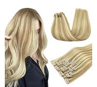 Clip in Hair Extensions Real Human Hair, 7pcs 110g Light Blonde Highlighted Golden Blonde 40 cm, MAXITA Seamless Hair Extensions Clip in Human Hair Straight Remy Hair Clip in Extensions Natural Hair