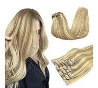 Clip in Hair Extensions Real Human Hair, 7pcs 120g Light Blonde Highlighted Golden Blonde 50 cm, MAXITA Remy Hair Extensions Clip in Human Hair Straight Long Natural Hair for Woman