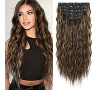 Clip in Hair Extensions, REECHO 5PCS Brown Hair Extensions 24" Thick Long Loose Waves hair extensions HE002 Invisible Lace Weft Natural Soft Hairpieces for Women ¨C Dark Brown with Highlights