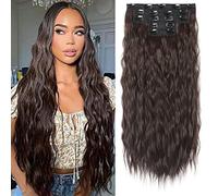 Clip in Hair Extensions, REECHO 5PCS Brown Hair Extensions 24" Thick Long Loose Waves hair extensions HE002 Invisible Lace Weft Natural Soft Hairpieces for Women - Dark Brown
