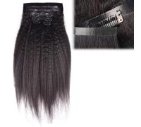 Clip in Human Hair Extensions, Seamless Kinky Straight 7Pcs Invisible PU Skin Weft for Women(Black,16inch/40cm)