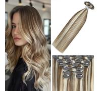 Clip-In Human Hair Extensions Soft Thick Straight Balayage Ash Blonde to Platium Blonde Ombre Hair Clip Ins Highlights for Blonde Full End 10A Grade (120 g, 46 cm, 7 Pieces)