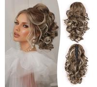 Clip in Ponytail Hair Extensions - 12 Inch Curly Ponytail Extension, Wavy Pony Tail Hair Pieces for Women, Synthetic Pony Tail Hair Pieces for Women (Color: Ash Brown with Beige Blonde Highlights)