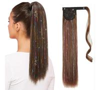 Clip in Ponytail hair extensions Long Straight Wrap Around ponytail Hair Tinsel Clip in Synthetic Pony Tail Hairpiece for Women Girls (#12 Dark brown)