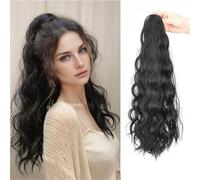 Clip-in Water Wave Ponytail Extension 60cm Long Curly Synthetic Hair with Large Claw Clip Voluminous Wavy Ponytail for Women (4 Colors)(Natural Black)