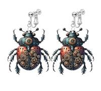 Clip on Beetle Dangle Earrings for Women, Non Pierced, Unique 2D Pattern, Cute Acrylic Ladybug Drop Fashion Jewelry Earrings, Acrylic, No Gemstone