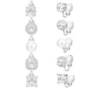 Clip On Earrings for Women Non Pierced - 5 Pairs Silver Tone CZ & Pearl Stud Earrings Set, Comfortable No Pain Daily Wear Wedding Party Jewelry Gift