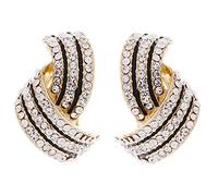 Clip On Earrings - Gold Plated Stud With Clear Crystals And Black Enamel - Camila