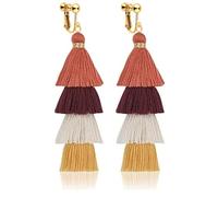 Clip on Earrings, Lightweight Colorful Layered Tassel Bohemian Statement Tiered Big Dangle Drop Earrings for Women, Non Pierced, Boho Jewelry, Zinc, No Gemstone